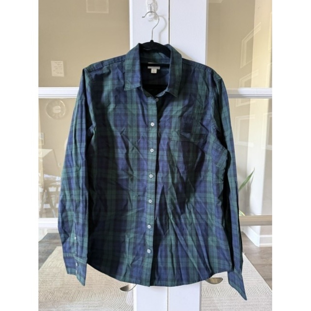 J.Crew Womens Large Green Navy Black Watch Plaid Stretch Button Down Shirt